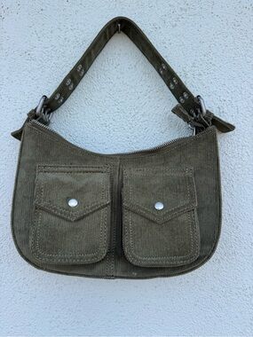 Brandy Melville Green Corduroy Crescent Shoulder Bag Snap Closure Front Pocket